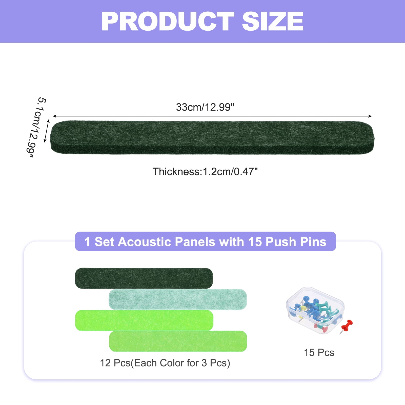Uxcell 12 Pcs B1 Rectangle Acoustic Panels 12.99'' x 2.01'' with Push Pins Light Green Dark Green Fruit Green Green
