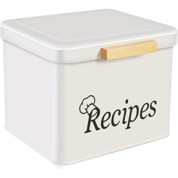 Recipe Tin Box Recipe Organizer with 60 Recipe Cards 4x6 and 6 Dividers-Perfect Recipe Card Holder Box for Bridal Shower Wedding House Warming (7.1x5.9x5.1Inches), Cream, rxx123