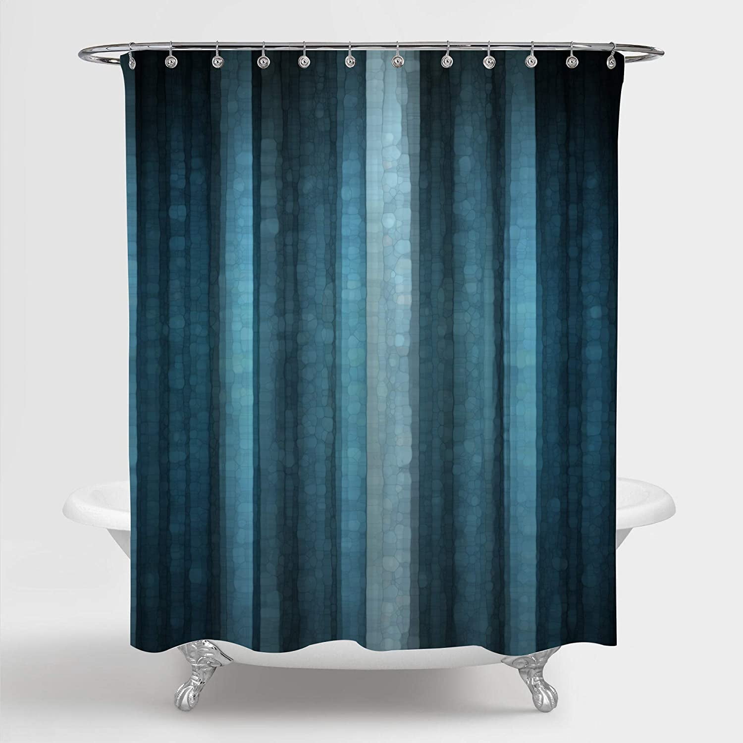 Blue Striped Shower Curtain, Modern Elegant Neon Blue Shower Curtain Set with Hooks, Abstract Mosaic Glass Texture Dark Stripe Art Decorative Waterproof Fabric Bathroom Decor, 72" W x 72" L