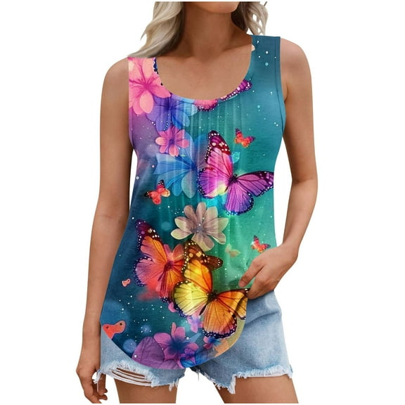 Women's Plus Size Tank Tops Floral Print Crew Neck Pleated Sleeveless Shirts Summer Casual Loose Tunic Tops (XL, Multicolor 13)