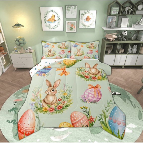 Manfei Cartoon Cute Rabbit Bedding Comforter Set for Kid, Happy Easter Eggs Twin Comforter Sets, Kawaii Bunnies Animal Reversible Bedding Set, Ultra Soft Home Decor, 2pcs