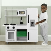 Delta Children Deluxe Modern Kitchen - Wooden Toy Kitchen Playset with Realistic Knobs that Turn/Click, Oven, Sink and Fridge/Freezer with Ice Maker, White