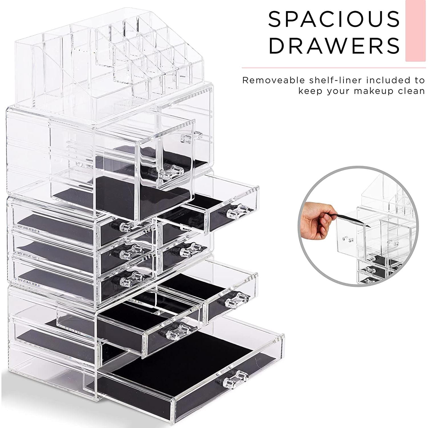 Sorbus Stackable Clear Makeup Organizer, 4-Piece, 12 Drawers, 16 Lipstick Slots
