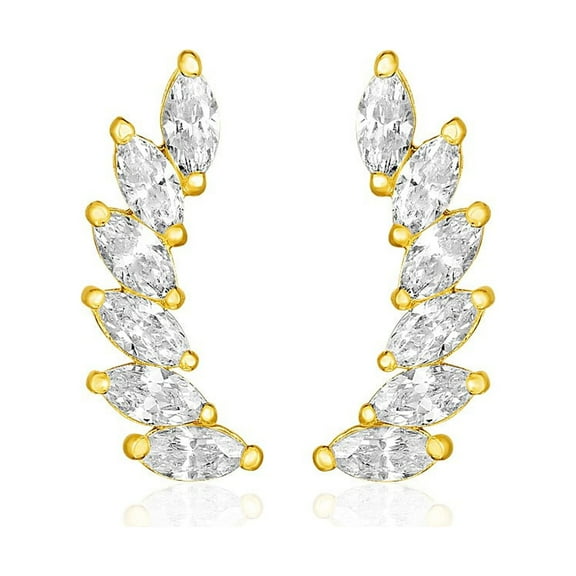 14k Yellow Gold Leaf Motif Climber Post Earrings Cubic Zirconias