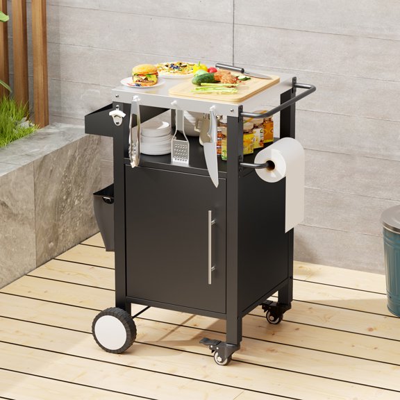Outdoor Grill Cart with Storage - BBQ Cart w/ Spice Rack, Hooks & Wheels for Grilling