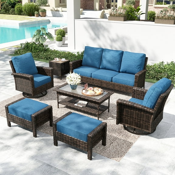 MF Studio 7-Seat Wicker Outdoor Patio Furniture Set with Ottomans, Metal Sectional Patio Conversation Set, Peacock-blue