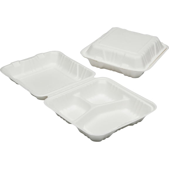 7350016646909, Clamshell Hinged Lid ToGo Food Containers, 9x9x3, 3 Comp, 200/BX