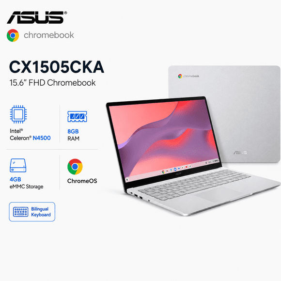 ASUS Chromebook CX1505CKA / 15.6" FHD Laptop | Intel Celeron N4500 / 8GB RAM / 4GB Storage / ChromeOS / Bilingual Keyboard(RENEWED)