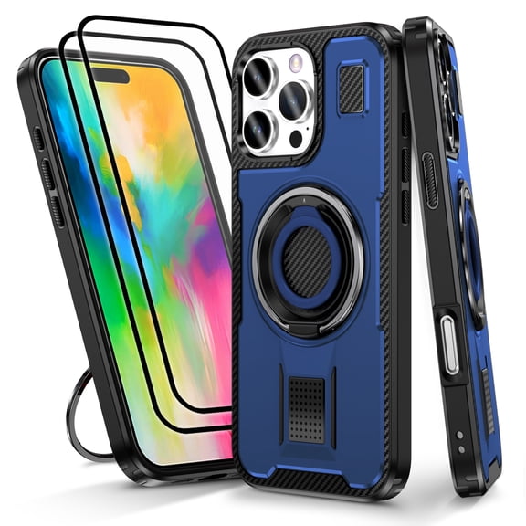 Hotpom for iPhone 16 Pro Case with 2 Pack Screen Protector, Heavy Duty Shockproof, Anti-Fingerprint Rugged Women Men universal Protective Cover with 360°Rotatable Ring Stand, Blue