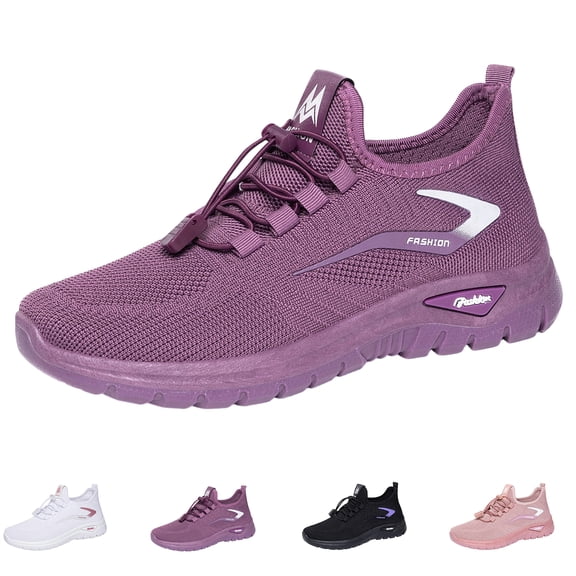pwidon Women's Performance Sneakers Quick Lace No Tie Lightweight Breathable Knit Slip On Walking Orthopedic Arch Support Casual Athletic Running Shoes Purple 5.5