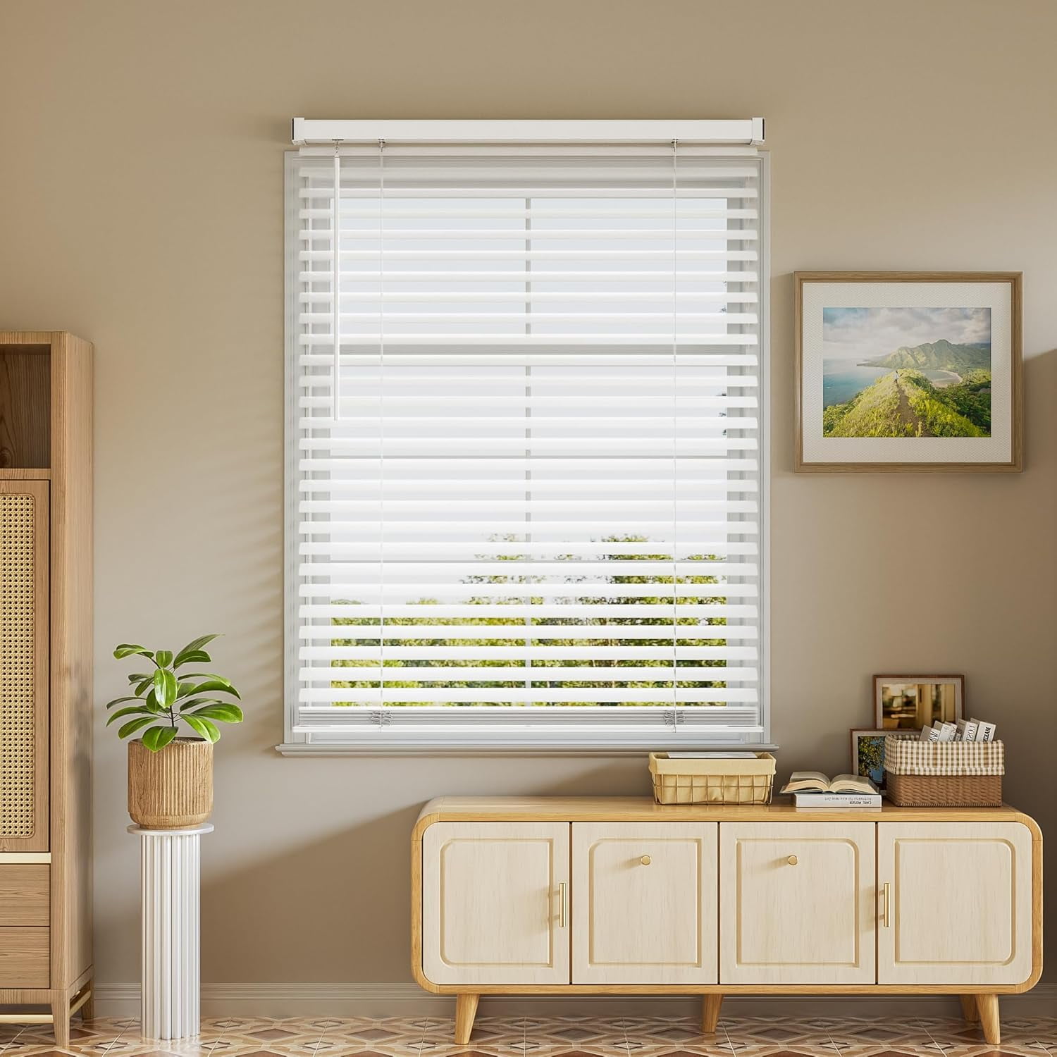 Window Blinds, 2'' Cordless Blind for Indoor Windows, 35" W X 64" H Mini Blinds, Light Filtering Blinds & Shades, Horizontal Window Blinds for Home Bedroom Living Room Bathroom Kitchen, White