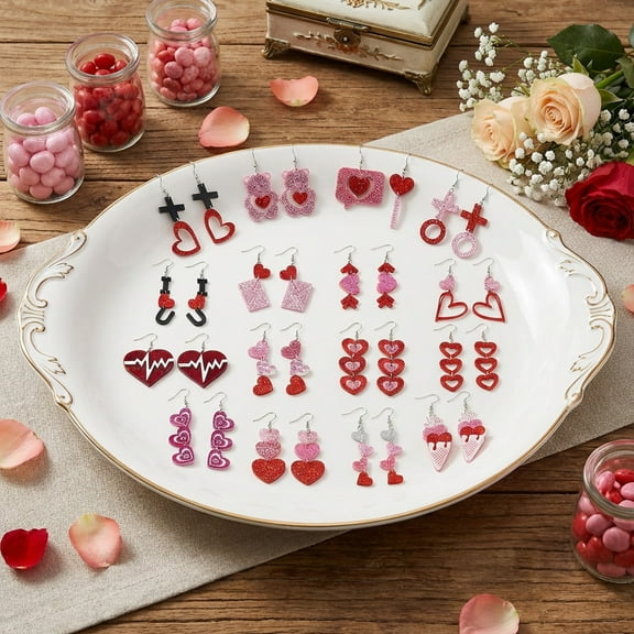 kkbbma under $5 Valentine's Day Earrings, 32 Pieces Valentine's Day Earrings, 16 Pairs Acrylic Dangle Earrings, Heart Teddy Bear Envelope Earrings, Pink Earrings Set for Women
