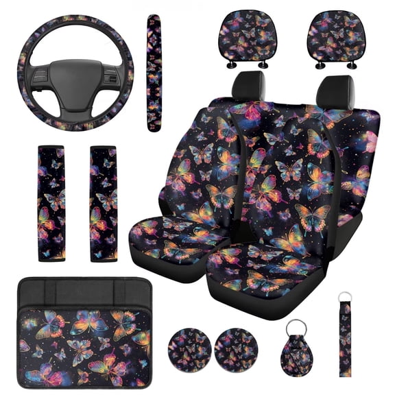 Pzuqiu Fashion Butterfly Automobile Interior Sets Car Front Rear Seat Cover Steering Wheel Seat Belt Headrest Center Console Cushion Pad Keychain Coaster 14 Pcs Full Set Covers Fit Most Vehicles