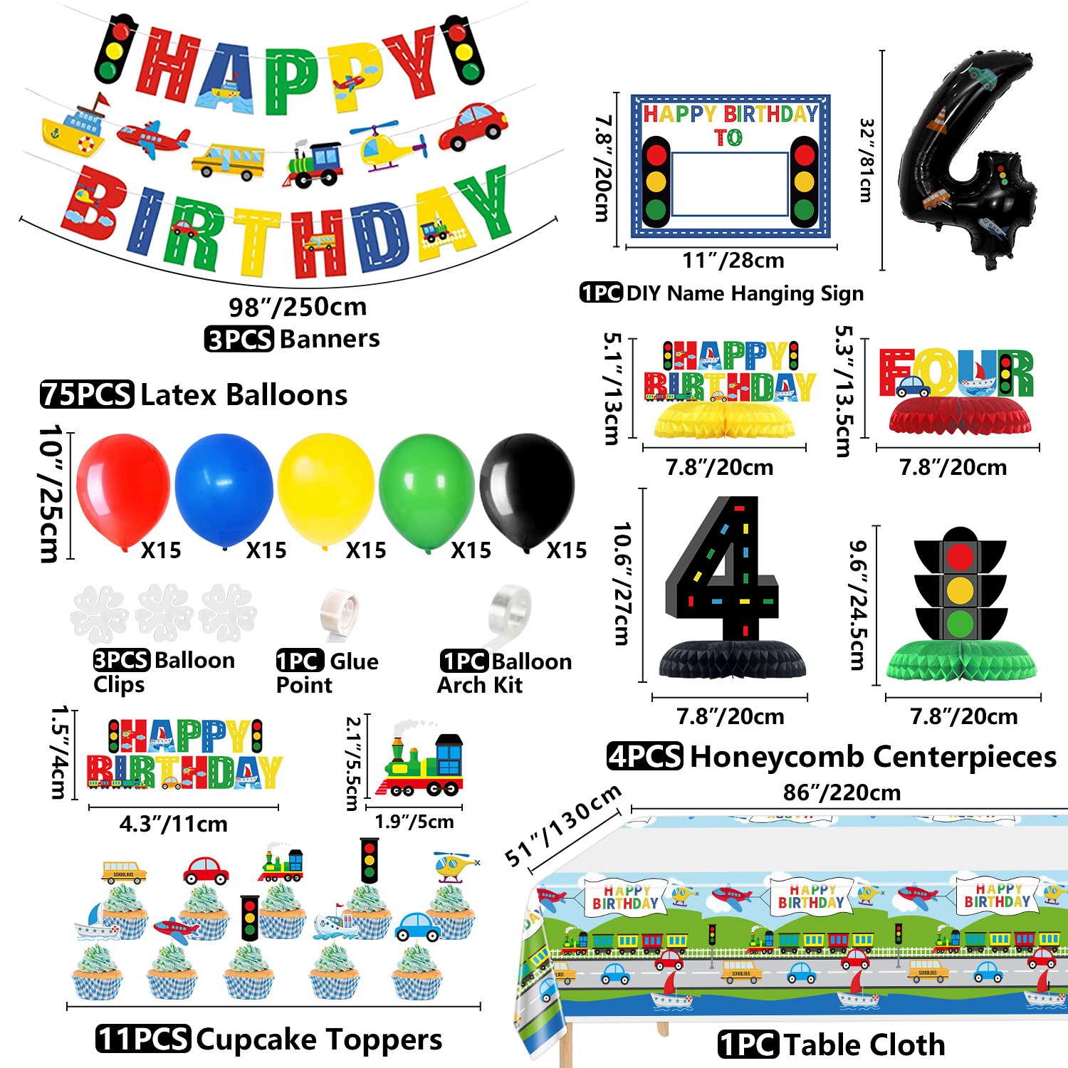 Rennwagen 4. Geburtstag Dekoration – Inkl. Banner, Luftballons, Helm & Flaggen, Für Coole Kinderpartys