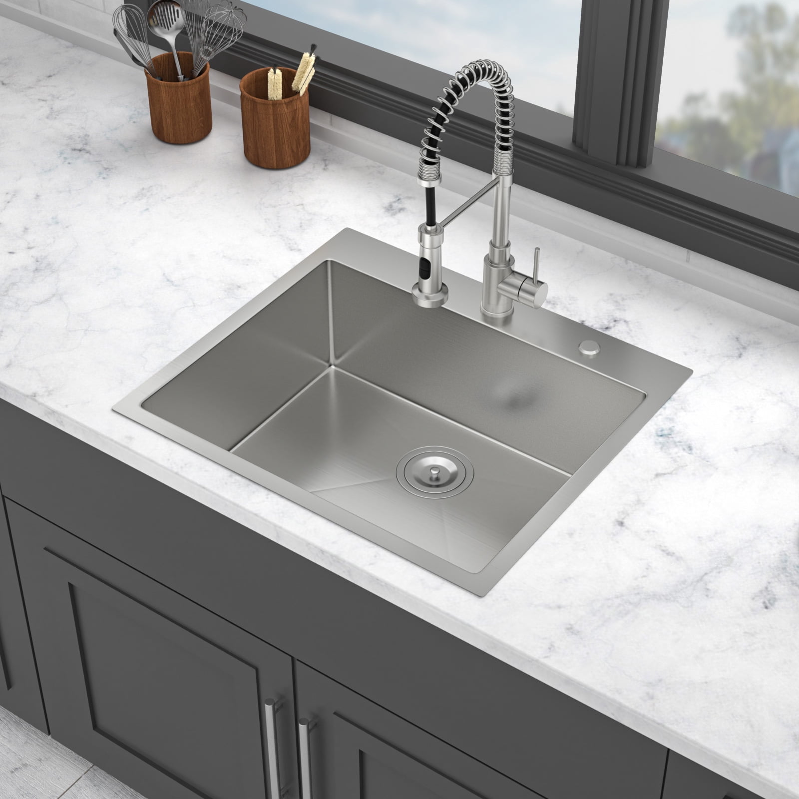 METAFLOWX 25 x 22 x 9 inch Kitchen Sink Drop In 16 Gauge Stainless Steel 25" Single Bowl Topmount Kitchen Sink Basin with Drain Assembly