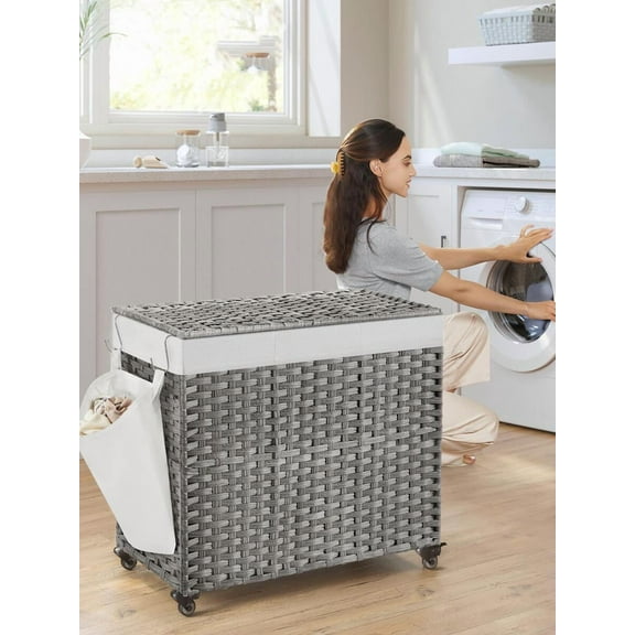 42.3-Gallon Rolling Laundry Hamper with Lid, 3-Section Rattan Design & Removable Liner - Perfect Gift For 2026.