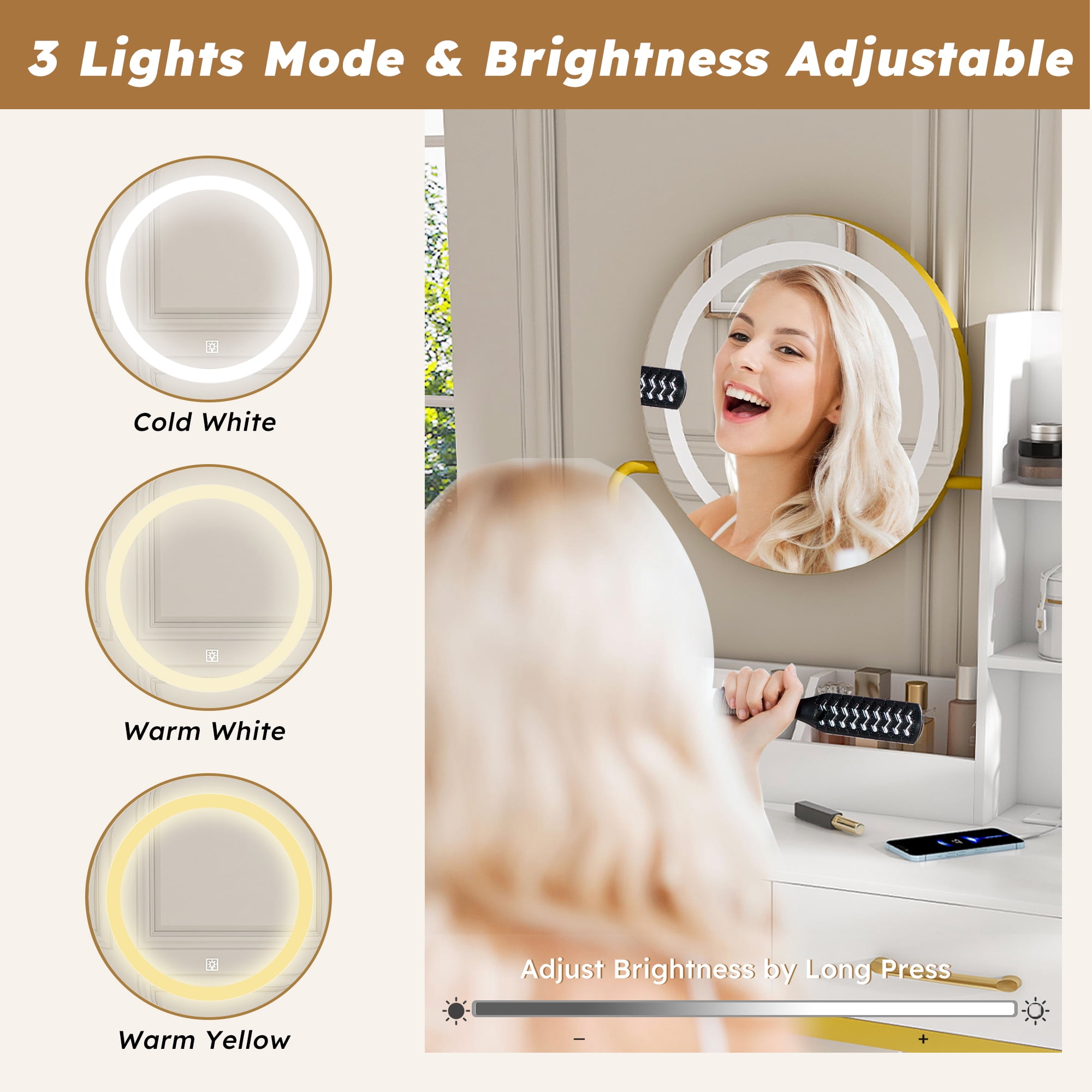 Aukfa Vanity Set Makeup Vanity Table with Round LED Lighted Mirror,Power Outlet & Hair Dryer Holder for Bedroom,White