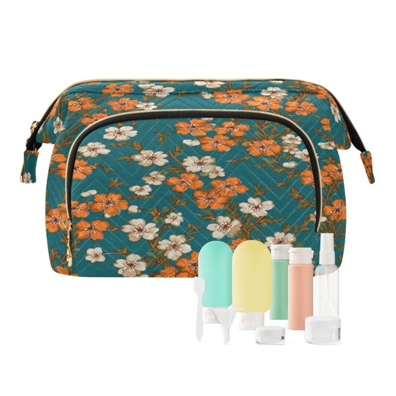 Wavy Quilted Cosmetic Bag Large-Capacity Travel Toiletry Organizer Includes 9-Piece Portable Travel Bottle Set Orange Peach Blossom