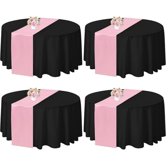 ARCOCO-4 Set 90 Inch Round Tablecloth and 12x108 Inch Satin Table Runner, Washable Polyester Black Table Cloth and Satin Silk Table Runner for Party, Wedding, Dining, Banquet (Black and Light Pink)