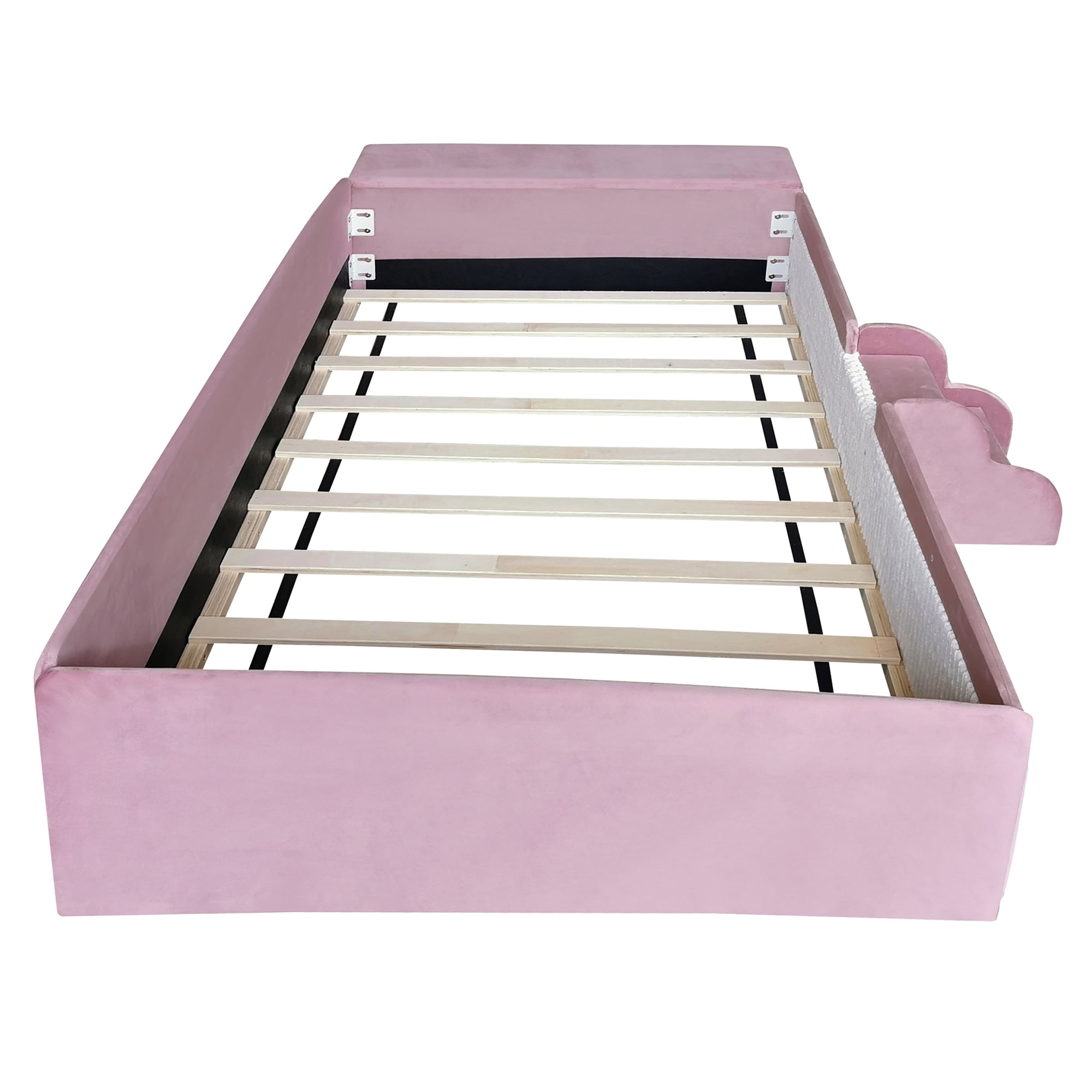 Leumius Twin Size Floor Bed Frame with Stairs & Gas Lift Storage Ottoman, Velvet Upholstered Daybed with Padded Guardrails, Pink+White
