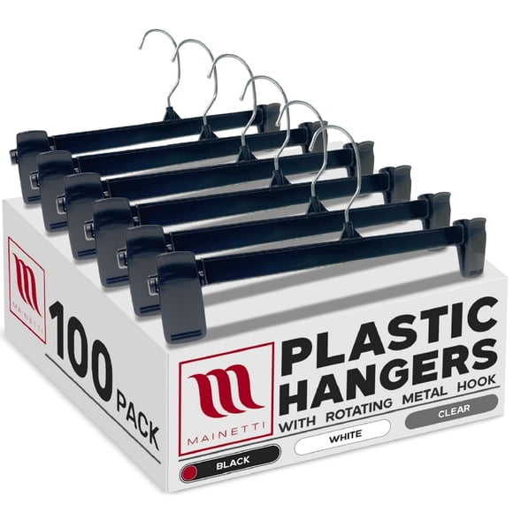 Mainetti 6012 Recycled Black Plastic Hangers - 100 Pack with Rotating Metal Hook and Sturdy Plastic, Great for Pants/Skirts/Slacks/Bottoms, 12-Inch