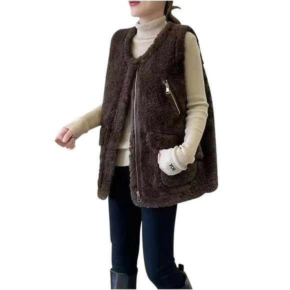 Womens Casual Fleece Sherpa Vest Solid Crew Neck Full Zip Plush Sleeveless Jacket Fall Winter Cozy Fuzzy Waistcoat
