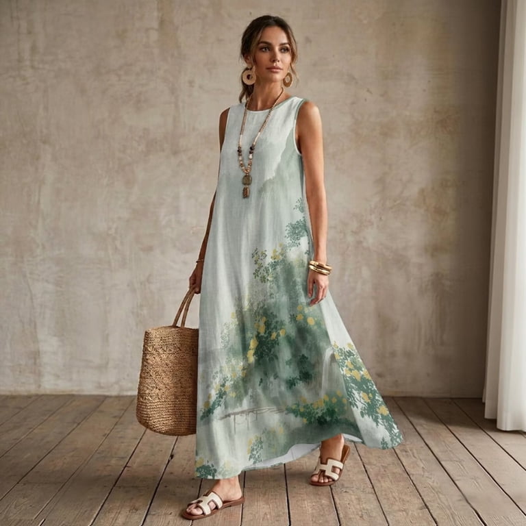 mountain casual dresses Jiueut Green Mountain Watercolor Print Women's Summer Maxi Dress Sleeveless Crewneck Casual Linen Look Summer Dresses for Women Loose Beach Vacation