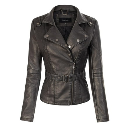 Made by Olivia Women's Vintage Fashion Motorcycle Belted Faux Leather Jacket Black