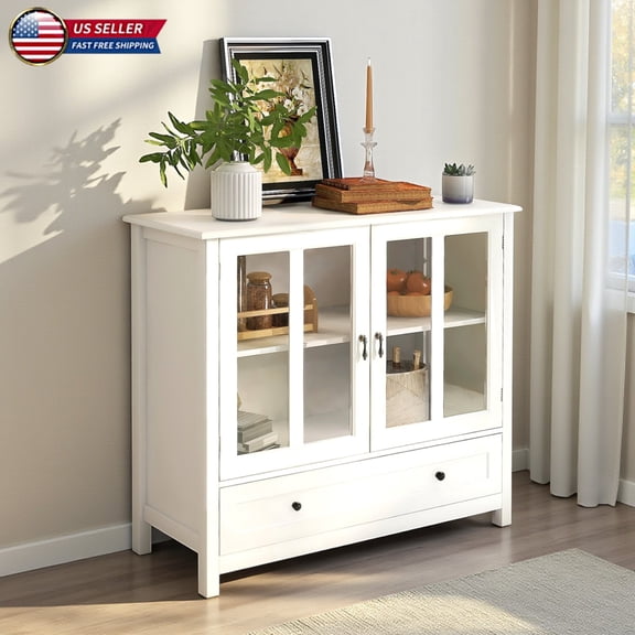 Hassch 39.4" Retro Sideboard Cabinet with Double Glass Doors, Adjustable Shelf & Bottom Drawer, White Display Buffet Cupboard for Living Room, Entryway, Hall, Office