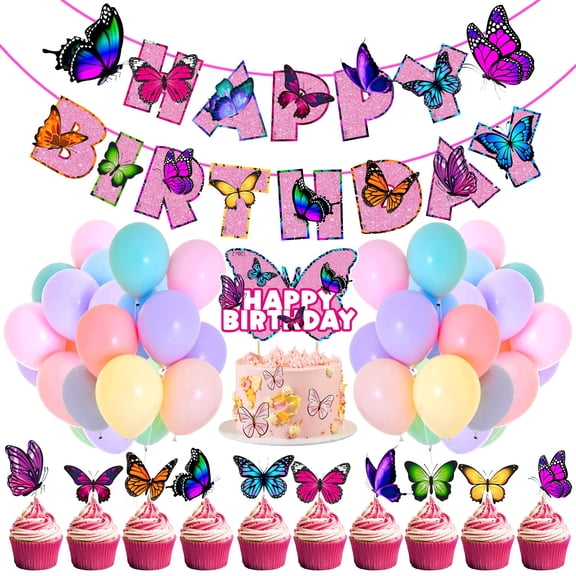 Butterfly Party Decoration Set Butterflies Theme Backdrop Happy Birthday Paper Banner Kit Birthday Deocration Party Supplies for Kids (Pack of 37)