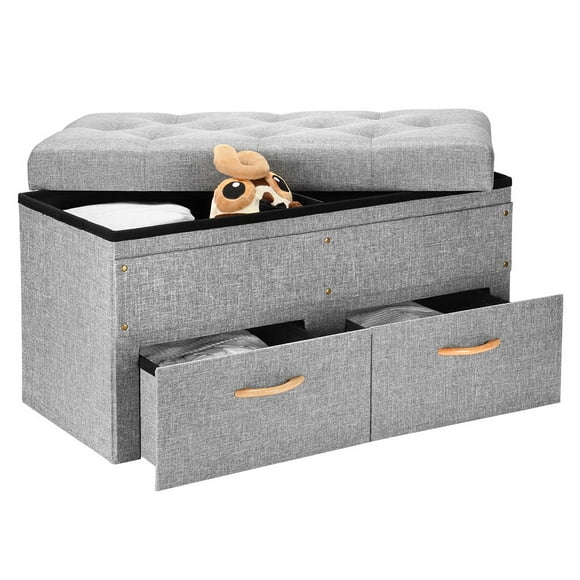 33 Inches Folding Storage Ottoman Bench with Two large Drawers, Foot Rest Stool Storage Chest (Grey, 33"x16.56"x16.56")