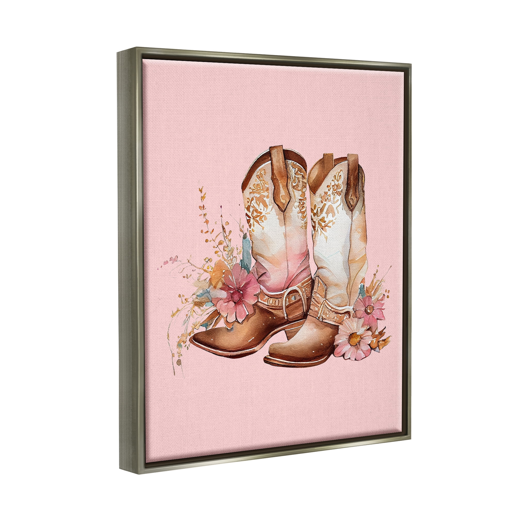 Stupell Industries Floral Pink Cowgirl Boots Beauty & Fashion Painting Gray Floater Framed Canvas Art Print Wall Art, 25 x 31