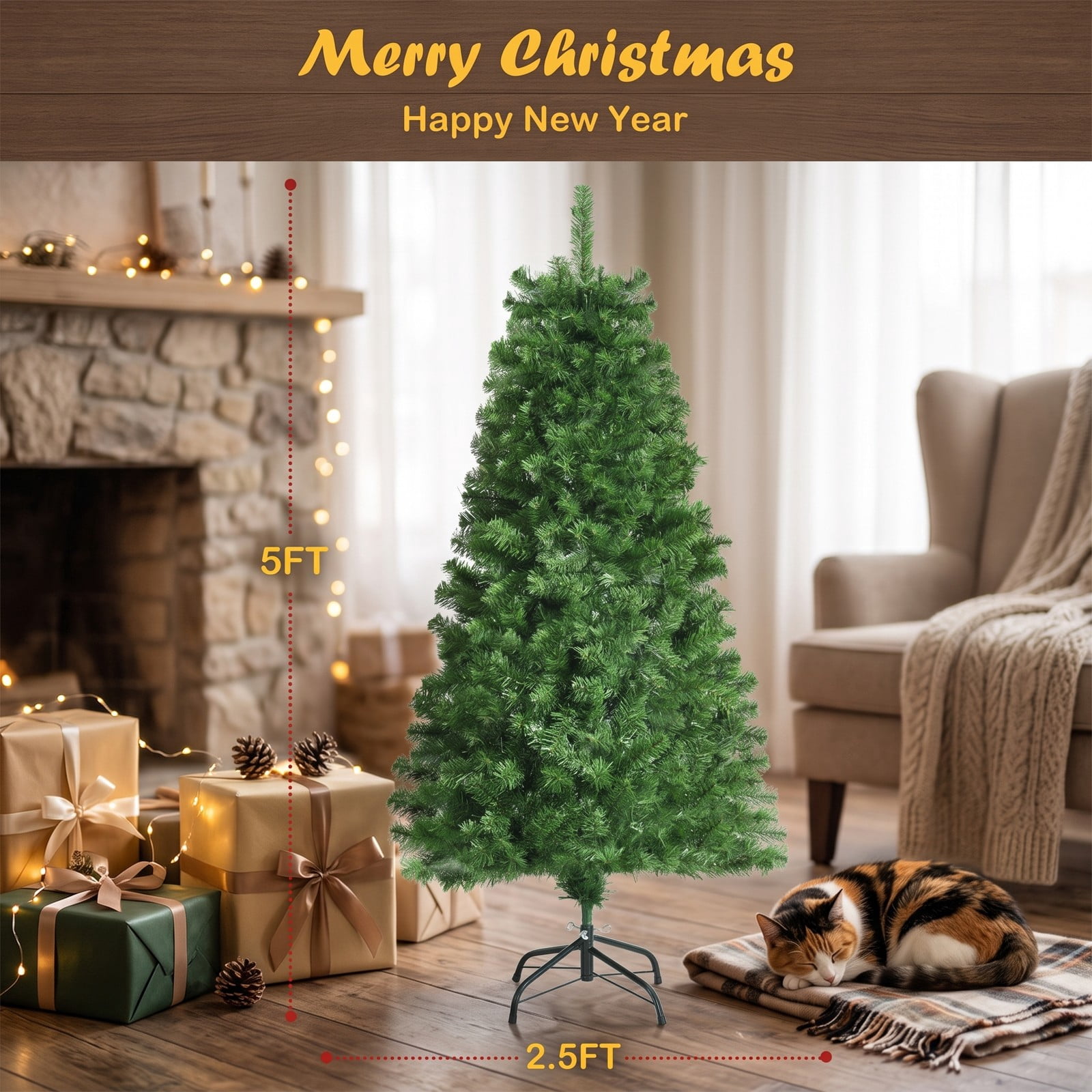 RUIE 5 FT Pre-Lit Fiber Optic Artificial Christmas Tree, Multi-Color LED Spruce Xmas Tree with Stand for Home Office Holiday Indoor Decoration, Green
