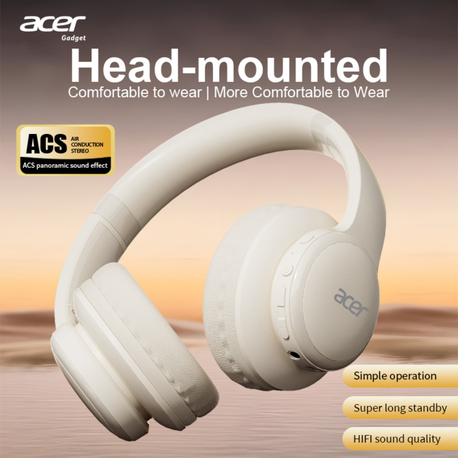 Acer Over-ear Headphones with 60H Playtime, Hi-Res Audio Foldable and Comfortable, Beige