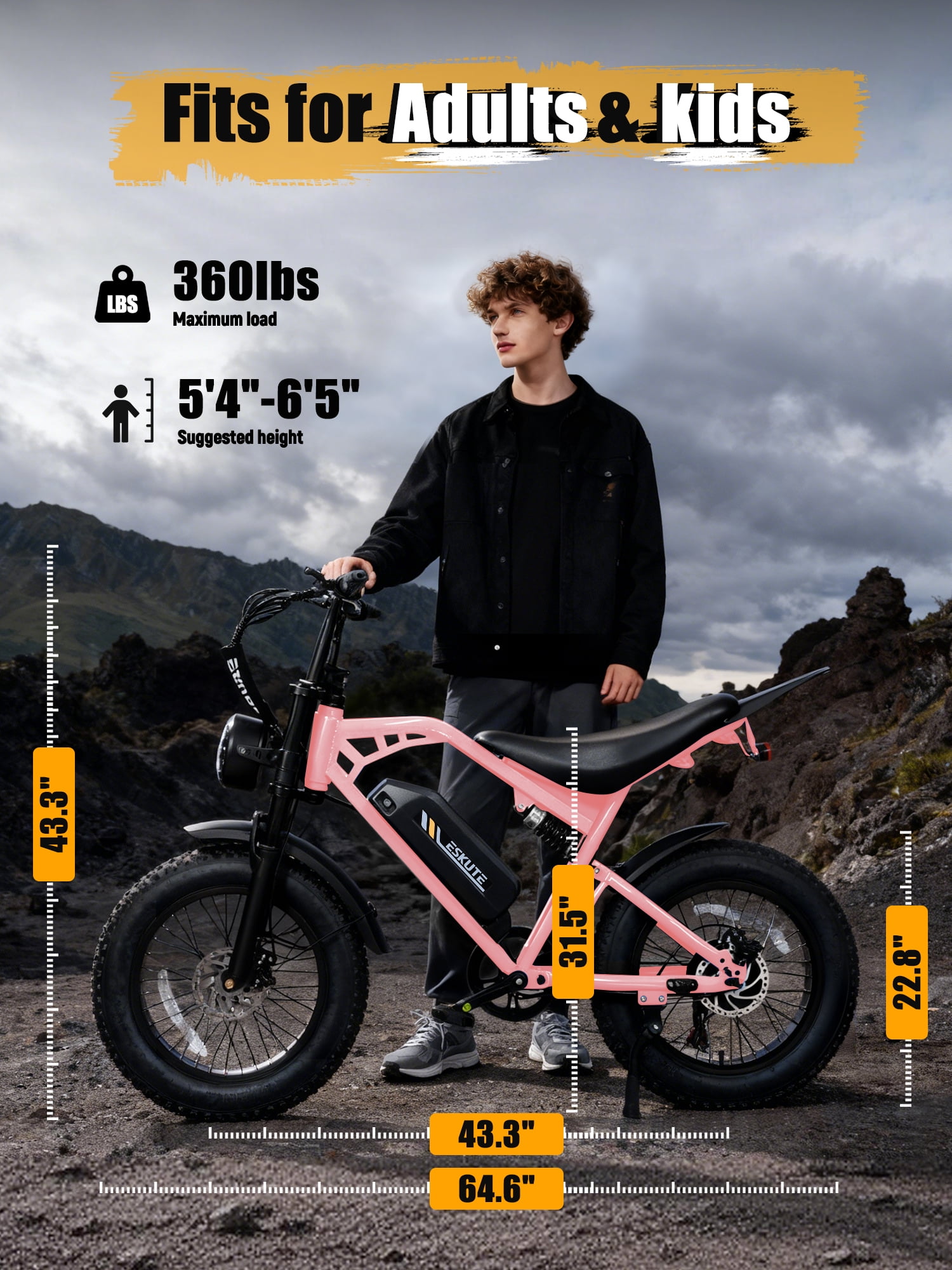 ESKUTE Electric Bike for Adults, 29MPH Dirt E-Bike, 48V 20.8Ah Battery, 20"x4.0" Fat Tires, 80-Mile Range, NFC Unlock, 7-Speed, Dual Suspension, Orange