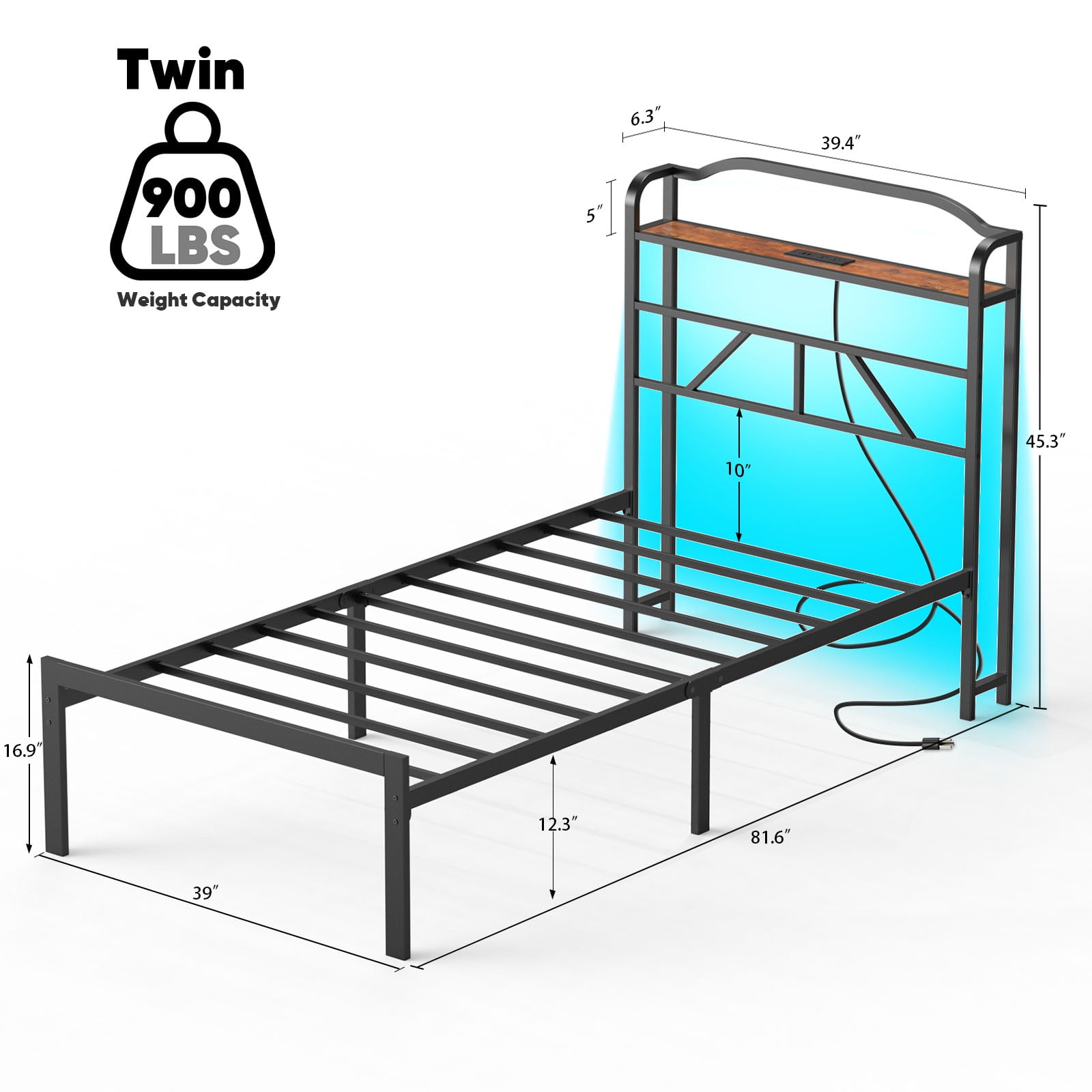 NISIEN Twin Size Bed Frame with LED Storage Headboard & Charging Station, Metal Platform Bed, Black