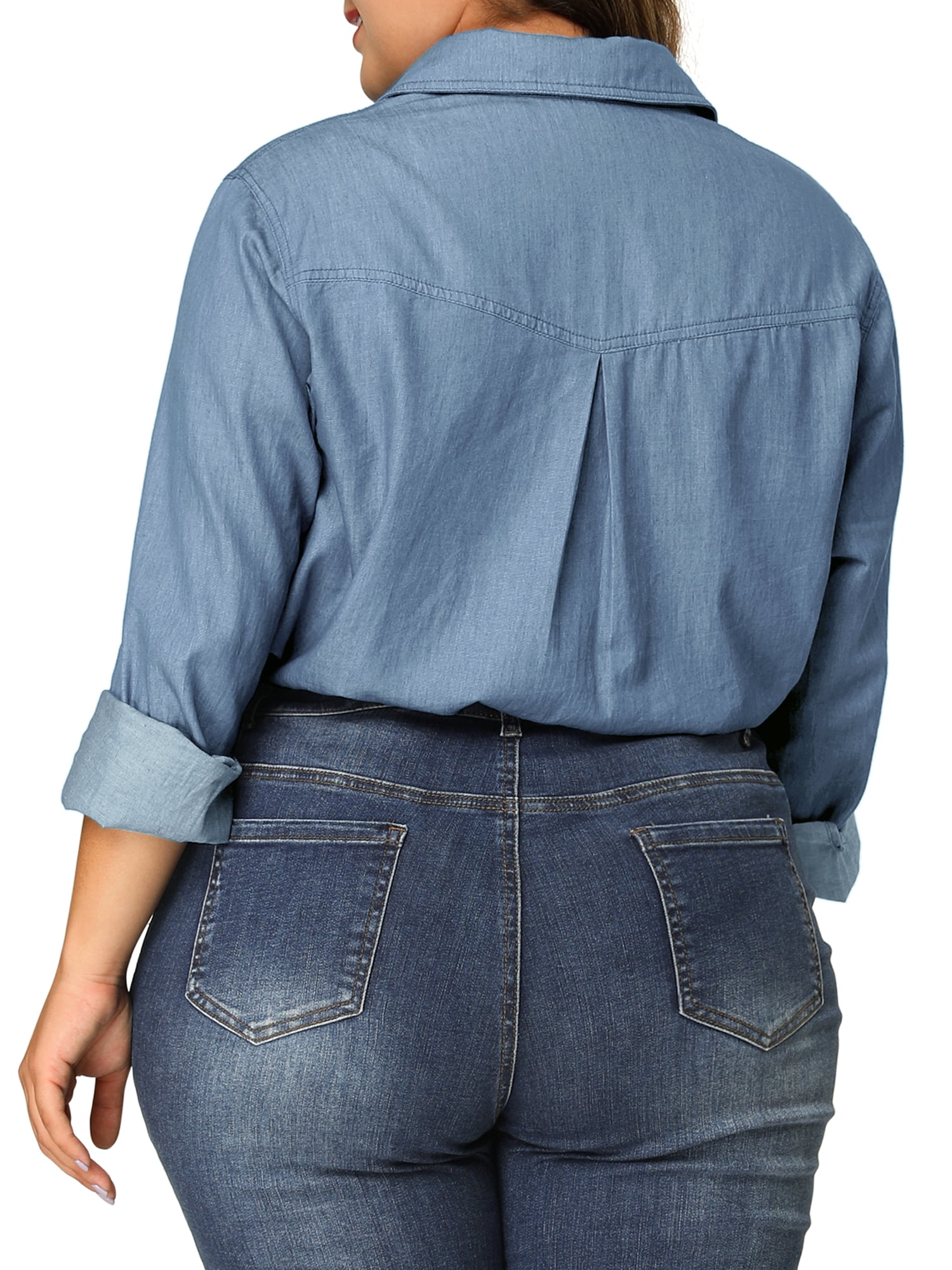 DARING DIVA Women's Plus Chest Pocket Long Sleeve Denim Chambray Shirt 4X Light Blue