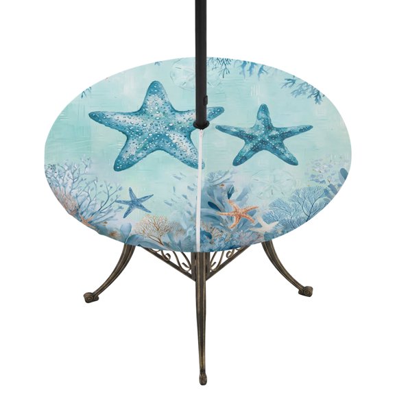Round Outdoor Tablecloth with Umbrella Hole and Zipper, Coastal Starfish Blue Tablecloth with Elastic Waterproof, Summer Beach Nautical Coral Patio Table Covers for 36" - 44" Picnic Pool Tables
