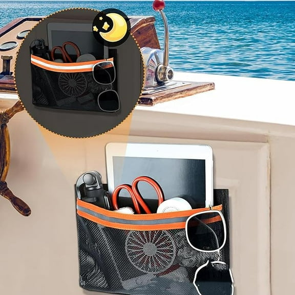 Self-Adhesive Storage Mesh Bag, Boat Storage Bag For Tools And Boat Accessories, Waterproof Strong Adhesive Backing, Easy To Install And Remove, Keep Boat Tidy And Items Safe, 10*7 Inches, Black.