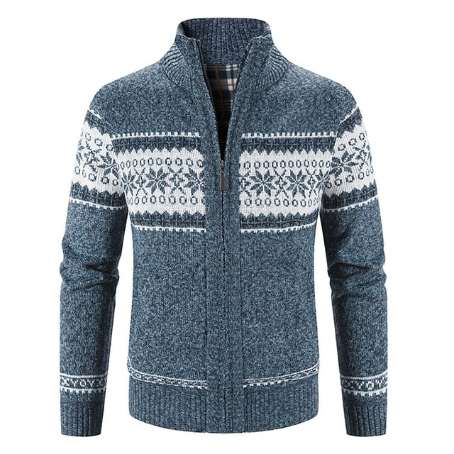 Leutsin Men's Sweater Coat Plus Velvet Loose Knit Sweater Printed Cardigan Casual