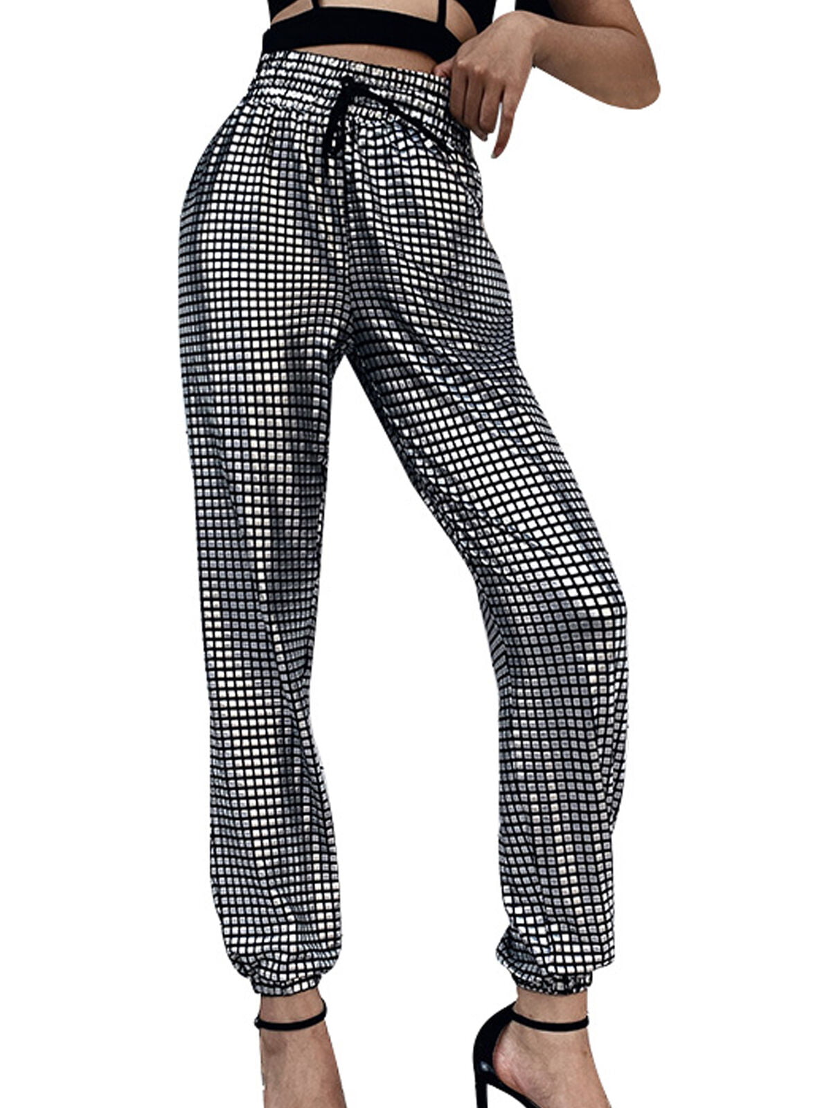 Women Black+White Check Casual Pants Checkerboard Sport Dance Jogger Trousers 