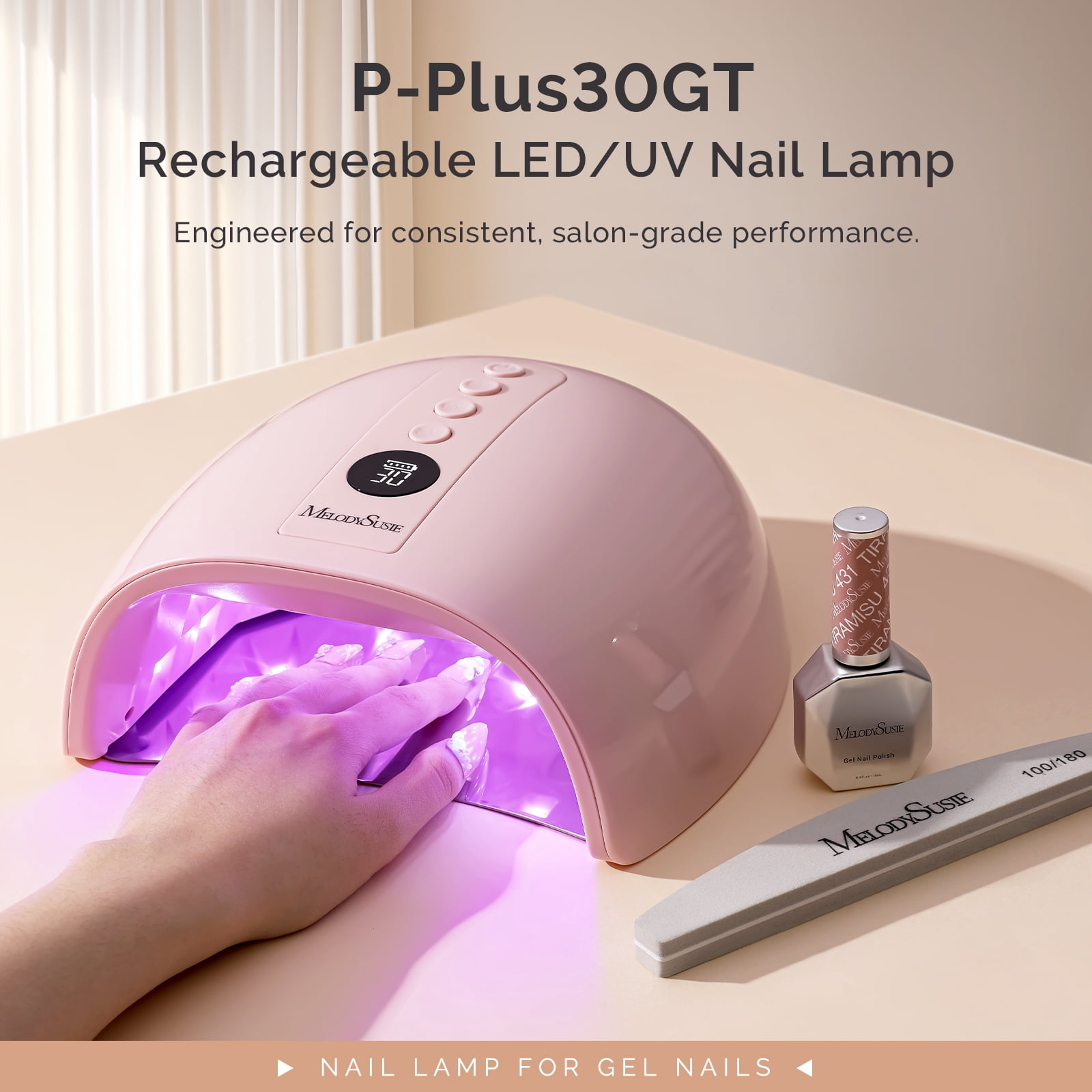 MelodySusie Upgraded Cordless UV Nail Lamp, P-Plus30GT High-Efficient Rechargeable Nail Dryer with 3 Timers & Detachable Metal Base Cures All Hard Gels