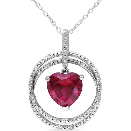4-1/4 Carat T.G.W. Created Ruby and Diamond Accent Sterling Silver Heart Pendant, 18