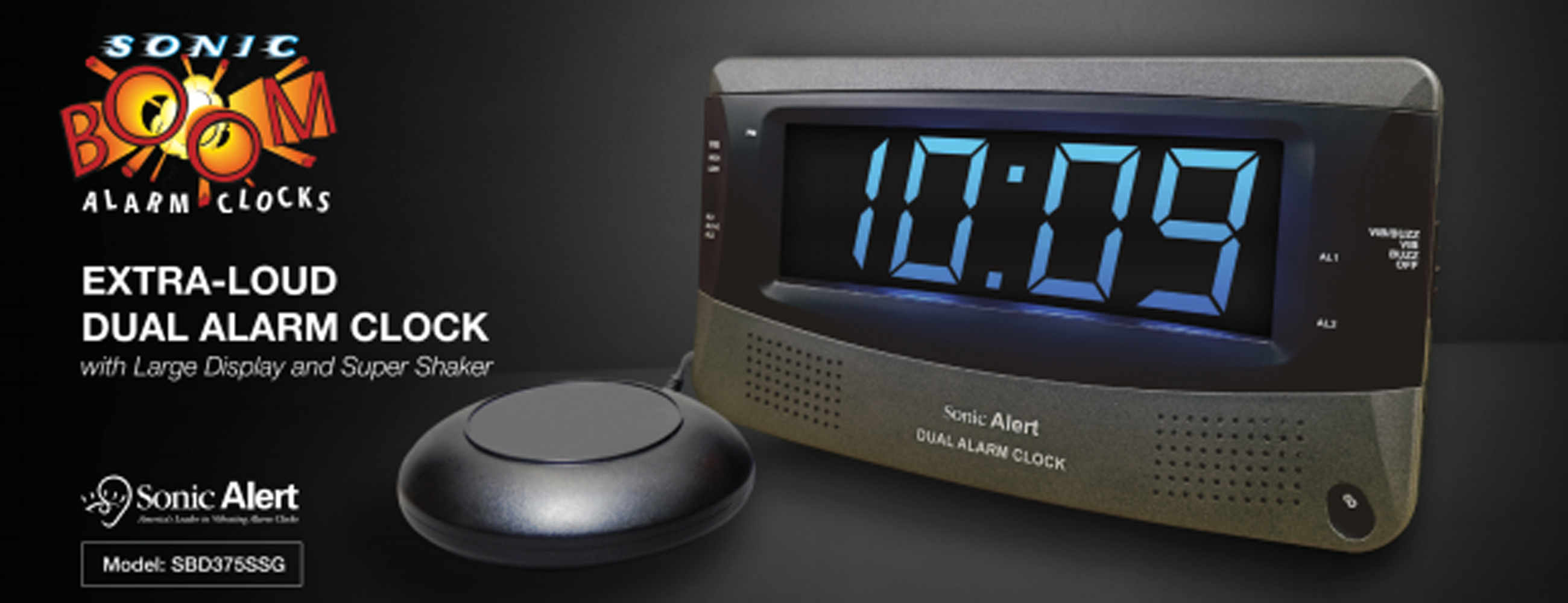 Sonic Alert - Sonic Bomb Dual Alarm Clock, Bed Shaker Vibrator with Large Digital Display - Black