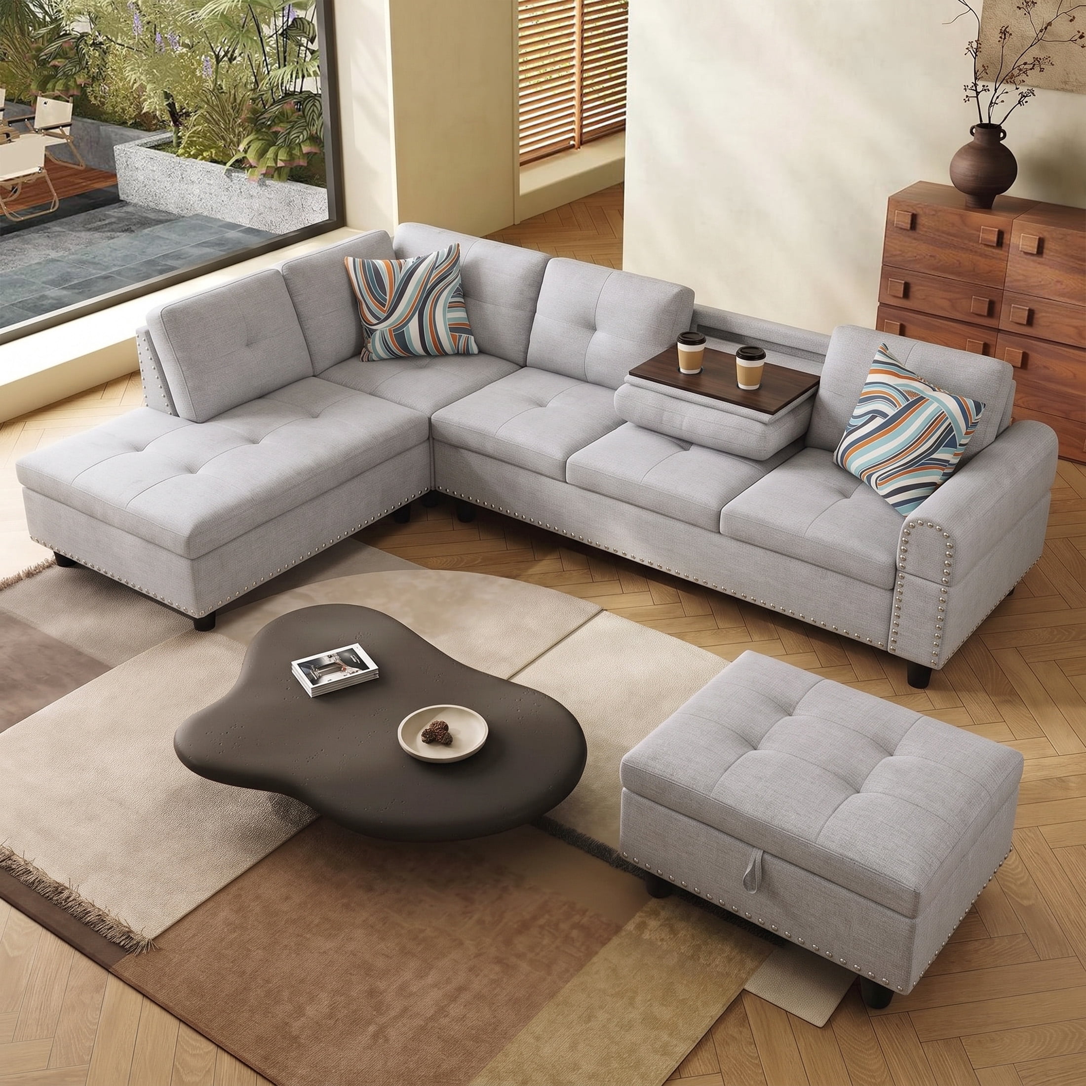 AENKYO 98" L-Shaped Sectional Sofa with Reversible Chaise, Storage Ottoman & Cup Holders, Flannel, Light Gray