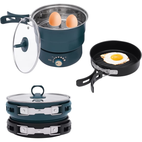 500W Split Portable Electric Hot Pot, 1.6L 304 Stainless Steel Multi-Cooker with Soup Pot & Frying Pan, 8 Temp Control Non-Stick Mini Cooker(Green)