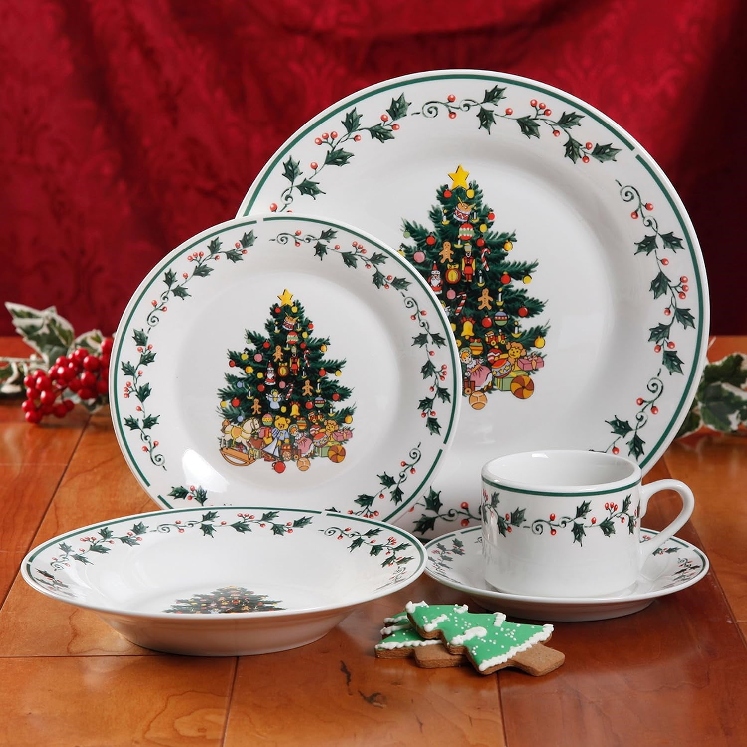 Gibson Home 20-Piece Ceramic Christmas Tree Trimming Dinnerware Set – Holiday Dinnerware with Christmas Tree & Holly Design