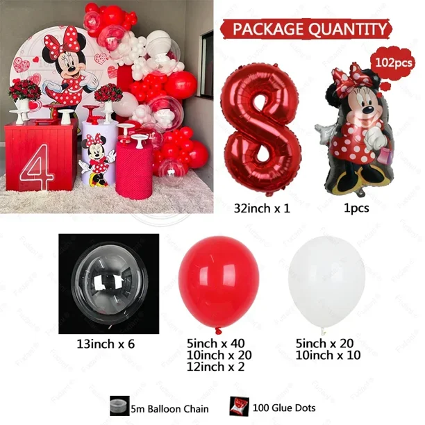102 piezas de cadena de globos de la serie roja de Disney Minnie, columna de dibujos animados digitales, decoración de fiesta de cumpleaños para niños, baby shower, globo Se