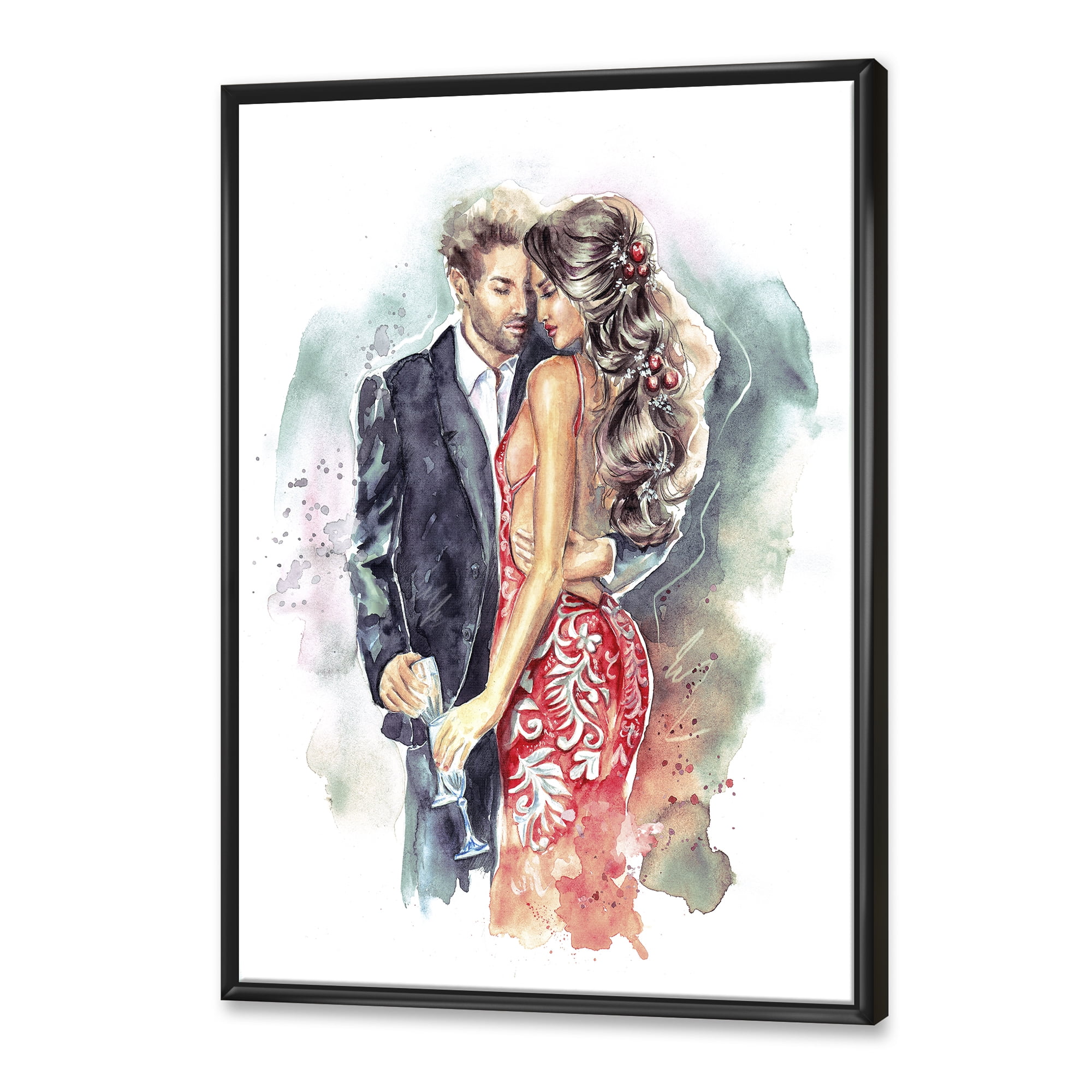 Designart 'Romantic Couple Ith Champagne Glasses At New Year Party' Traditional Framed Canvas Wall Art Print