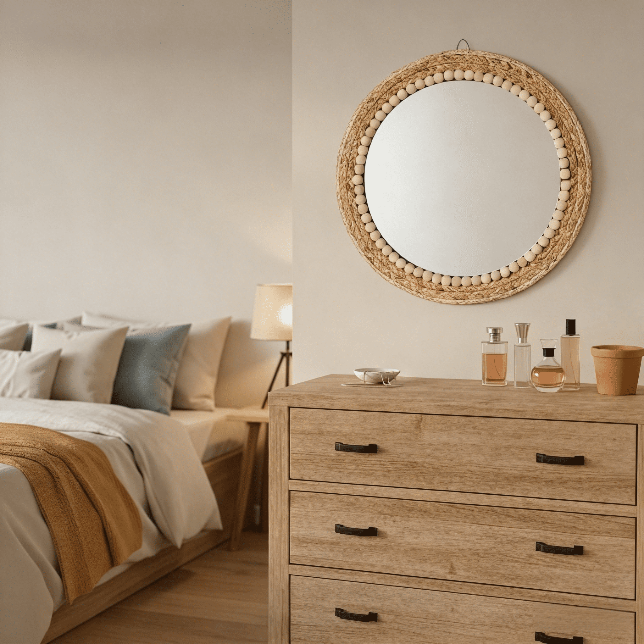 MEHOOM 17" Round Boho Wall Mirror, Rattan Hanging Mirror for Bedroom, Living Room, Farmhouse Decor